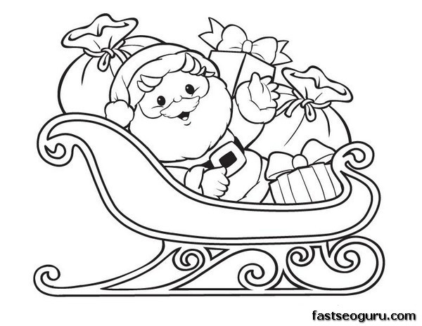 Printable Christmas Santa Claus with Sleigh and Gifts coloring pages